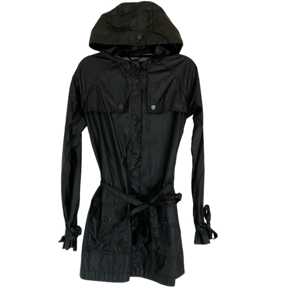 Black Raincoat with Hood and Waist Tie Sz 34